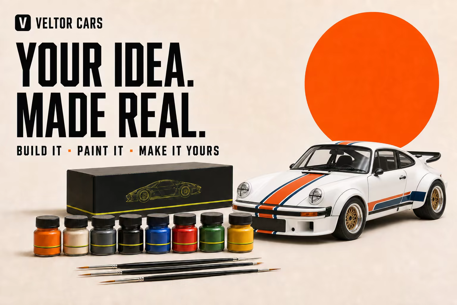 Veltor Cars. Your idea, made real. The Heritage 74 model craft kit with eight paints and four brushes.