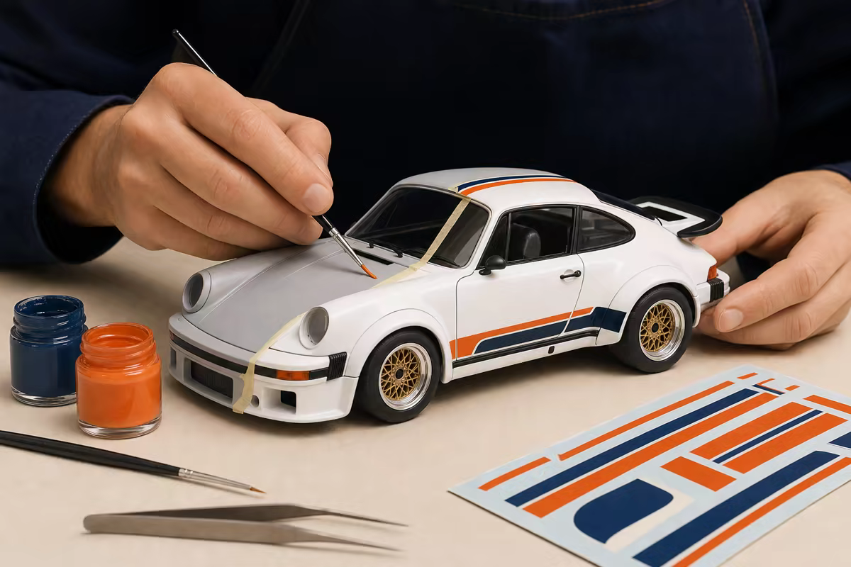 The Heritage 74 halfway through painting and decal application.
